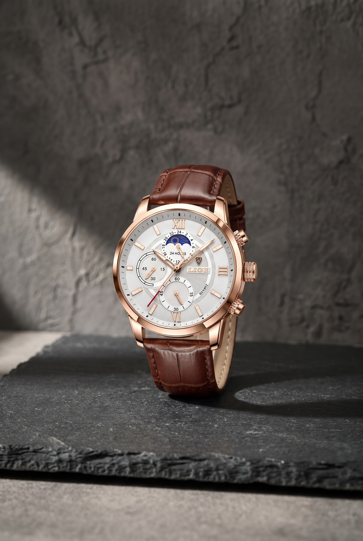 The Old Money Club - Men's Leather Dress Watch – Water-Resistant 43mm Quartz Watch, Leather Strap