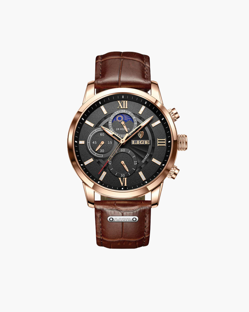 Men's Leather Dress Watch – Waterproof 43mm Quartz Watch, Genuine Leather Strap