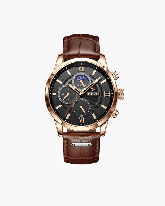 Men's Leather Dress Watch – Waterproof 43mm Quartz Watch, Genuine Leather Strap