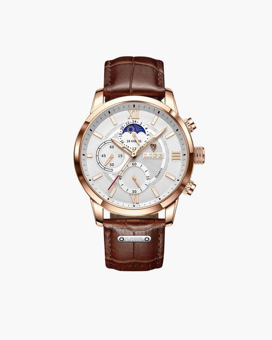 Men's Leather Dress Watch – Waterproof 43mm Quartz Watch, Genuine Leather Strap