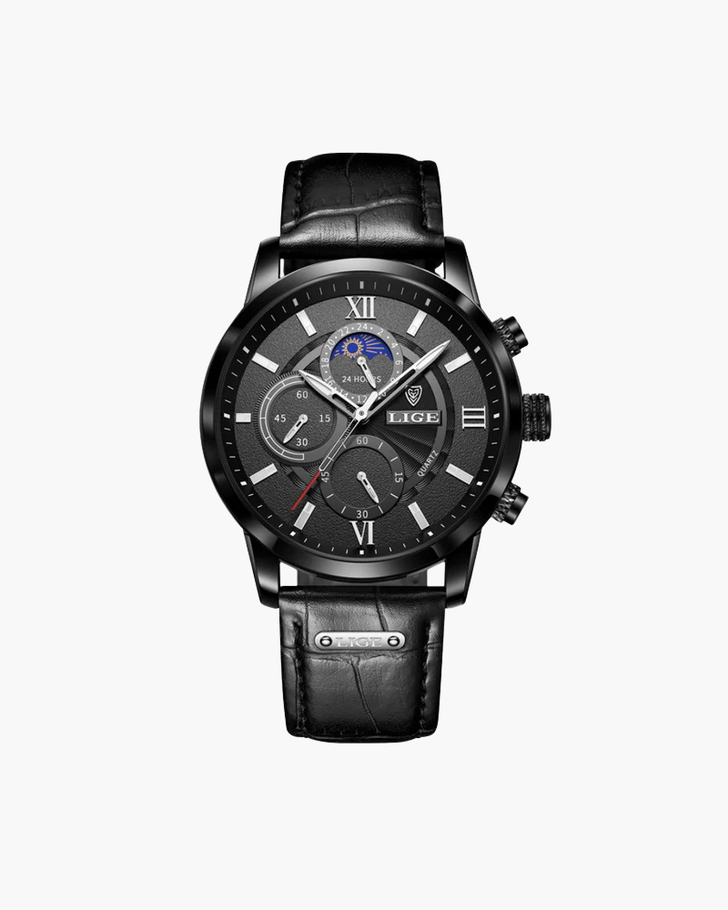 Men's Leather Dress Watch – Waterproof 43mm Quartz Watch, Genuine Leather Strap