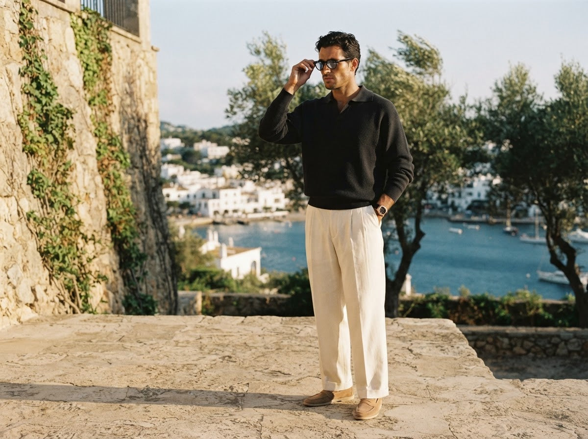 Man in dark polo and cream trousers overlooking a coastal Mediterranean town