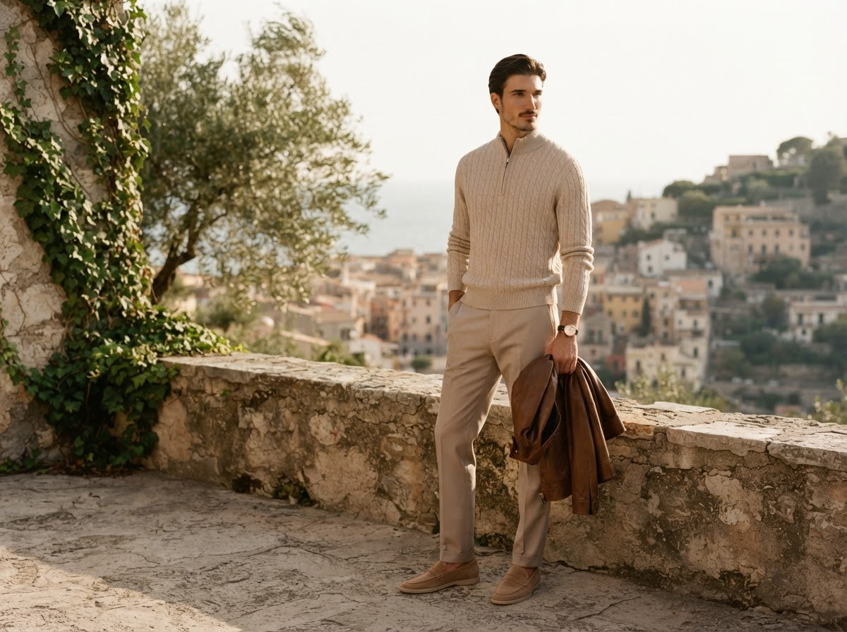 Man in beige cable-knit sweater holding a jacket above a hilltop coastal village